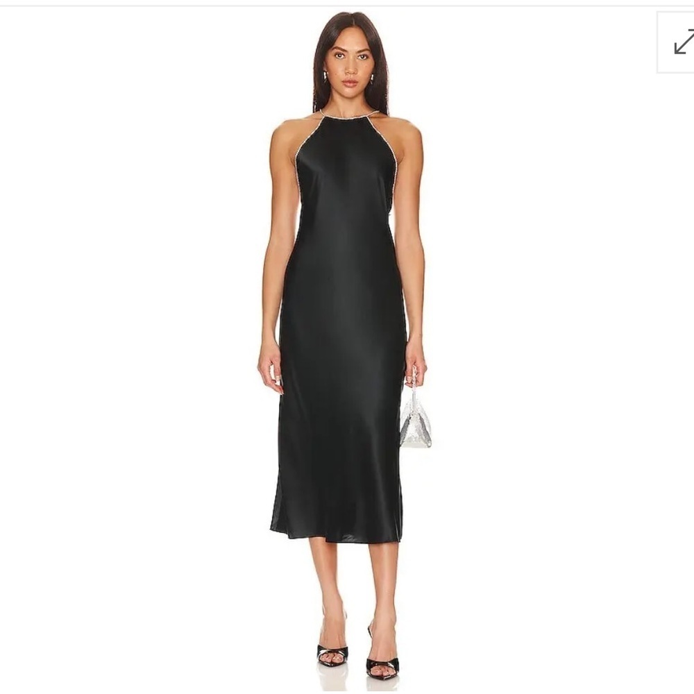 Cami NYC Diandra Dress black silk slip midi rhinestone straps Revolve $440 XS